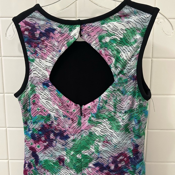 Phoebe Couture Sleeveless Shift Dress in Green, Pink & Purple with Black Trim - Picture 6 of 7